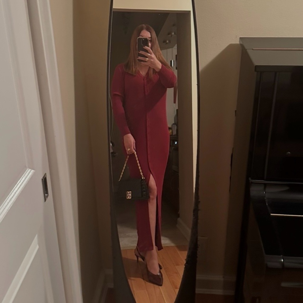 Staud Shoko Rib-Knit Button-Front Maxi Dress in crimson color - Picture 8 of 8